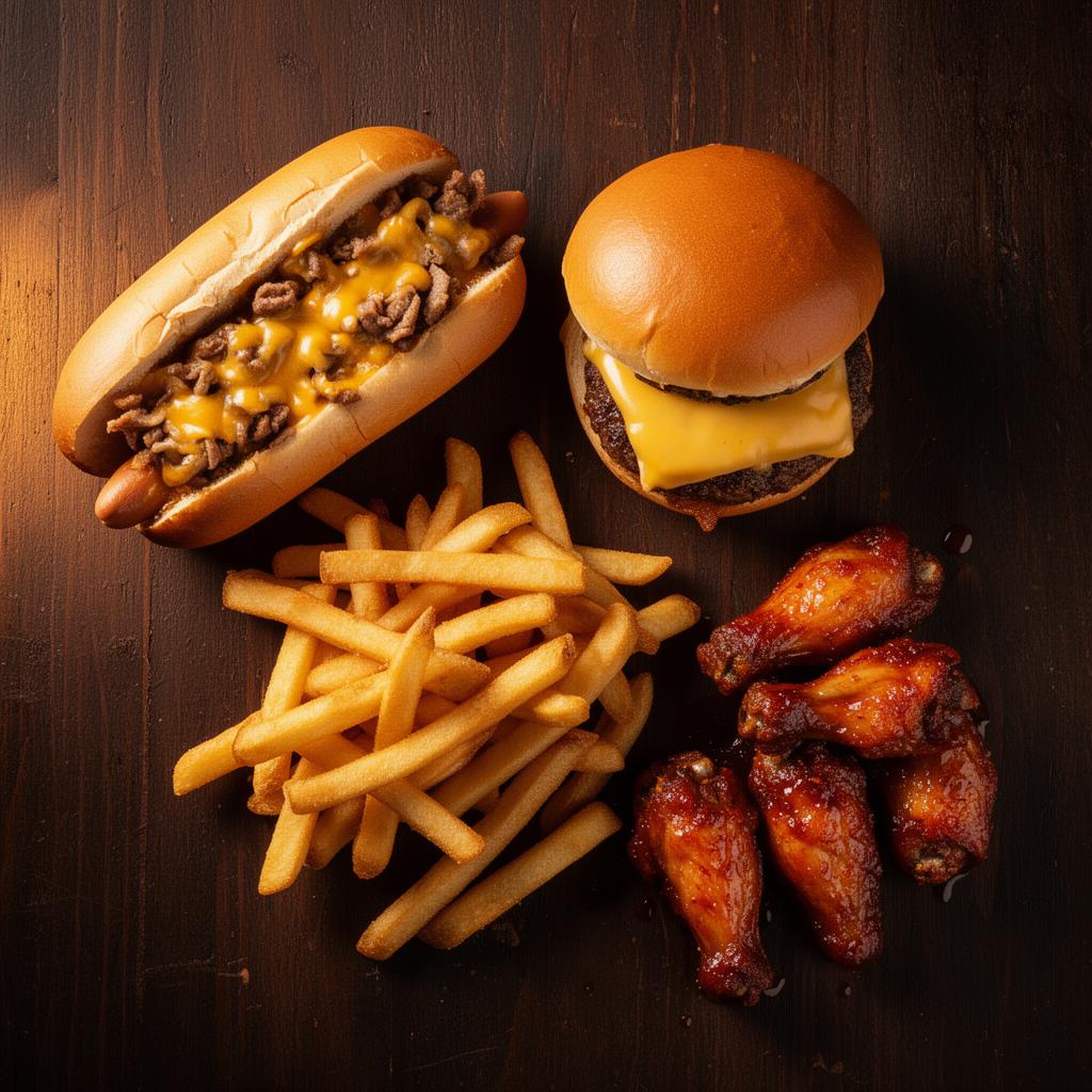 Cheesesteak, smash burger, fries and wings spread on a table