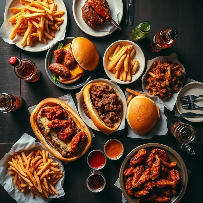 Full spread of cheesesteaks, burgers, wings and fries