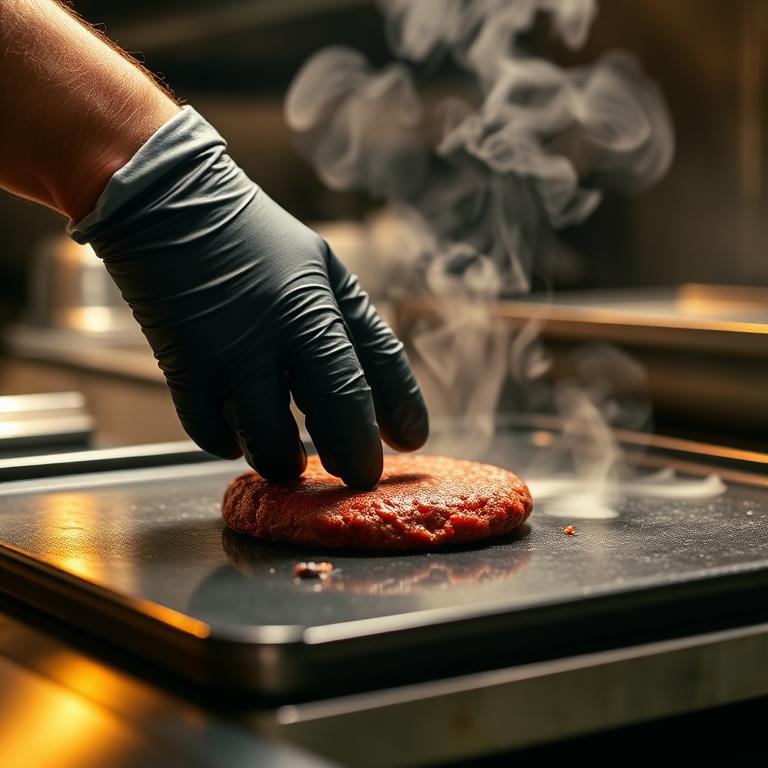 Smashing a burger patty on the flat top grill