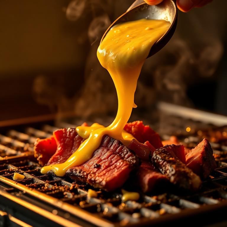 Melted cheese being poured over shaved ribeye