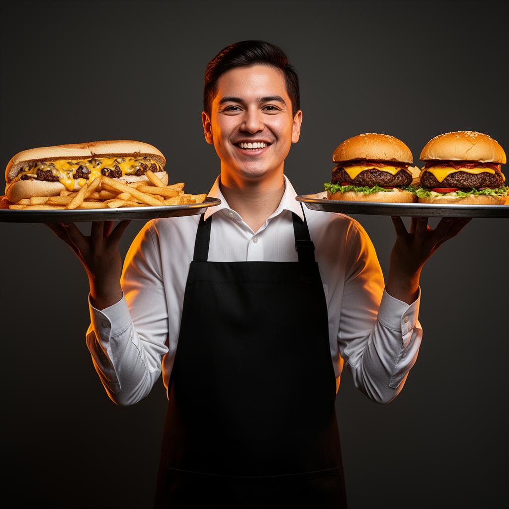 Server holding trays of cheesesteaks and burgers